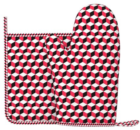 Küchen-Set, 2-teilig, 3D-Motiv, hitzebeständig, Grillhandschuhe, Topflappen, Rot kariert
