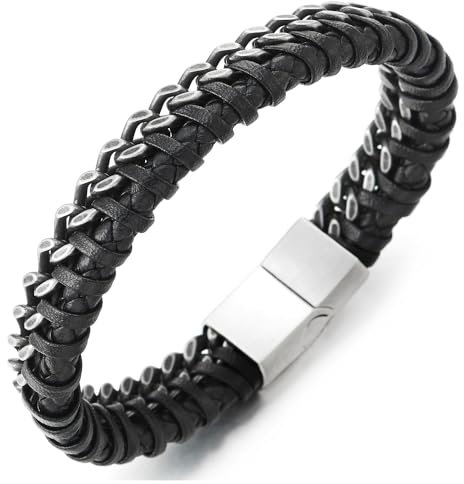 COOLSTEELANDBEYOND Herren Schwarz Geflochtenes Leder Armband Verflochtenen mit Edelstahl Panzerkette