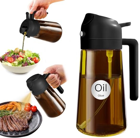 YARRAMATE Dispensador de Aceite de Oliva Juego con Scuro Protezione Dalla Luce, 470ml 2 en 1 Spray de Cocina, Ámbar Pulverizador de Aceite de Calidad Alimentaria para Cocina (Negro)