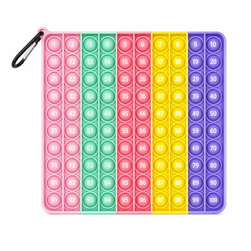 jiuzcare Pop It Zahlen 1-100 Lernspielzeug 20 x 20 cm, Zahlenbrett in Pastellfarben aus Silikon mit Karabiner, Mathe Spiel für Kinder, Plopper Spielzeug zum Zahlen Lernen für Schule und Zuhause