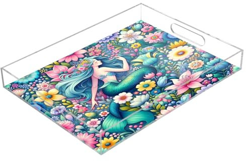Plateaux de service rectangulaires transparents en acrylique avec poignées pour table basse, cuisine, salle de bain - Motif sirène fantaisiste entourée d'une variété de fleurs colorées