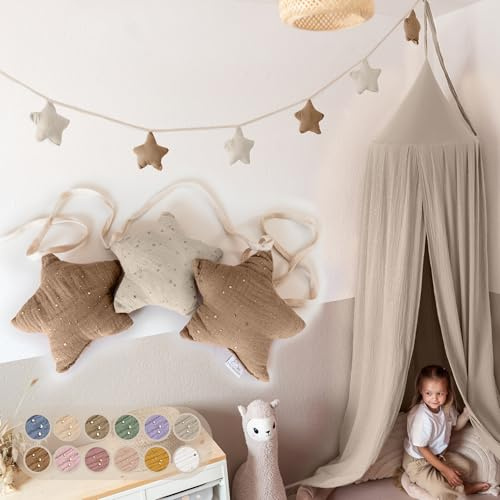 LILIMAUS Sternen Wimpelkette Stoff - Mit Goldapplikation in 12 Farben - 100% Baumwolle Handmade - Musselin Wimpelkette für Kinderzimmer - Hausbett Deko für Mädchen & Jungen