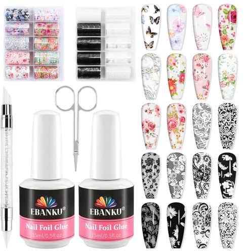 EBANKU Nagelfolienkleber Gel Set, 30ML Nagelkleber mit 20 Stück Blumen Transferfolien Gel Nagelfolien für DIY Maniküre oder Salon, UV/LED Lampe erforderlich
