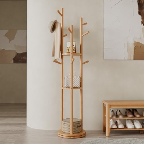 AQIMUELE Coat Stand, Wooden Coat Rack Stand with 3 Storage Shelves and 9 Hooks, Freestanding - Rotatable Coat Hanger Stand, Sturdy and Easy Assembly for Hallway, Bedroom (Wood Color)