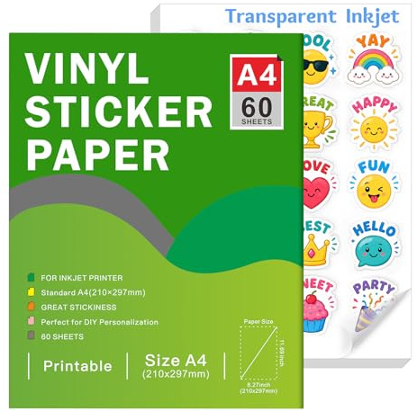 Ruibytree Papier Vinyle Autocollant Transparent A4 Jet d'Encre, 60 Feuilles