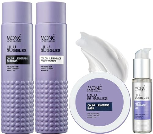 MONÉ Professional Routine Blonds 4 Pièces, Non Violet, Colour Lemonade | Shampoing, après-shampoing, masque et huile. Remplacer le soin par le masque 1-2 fois par semaine. Gris et blancs aussi.