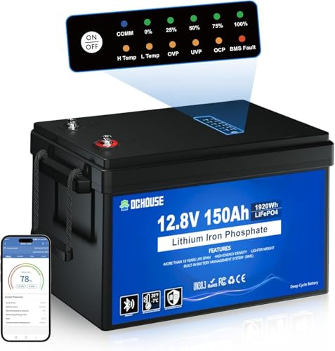 DCHOUSE 12V 150Ah LiFePO4 Batería de Litio con Indicadores de Estado SOC, Bluetooth y Corte por Baja Temperatura, Batería de Litio 12V hasta 15000 Ciclos, 120A BMS