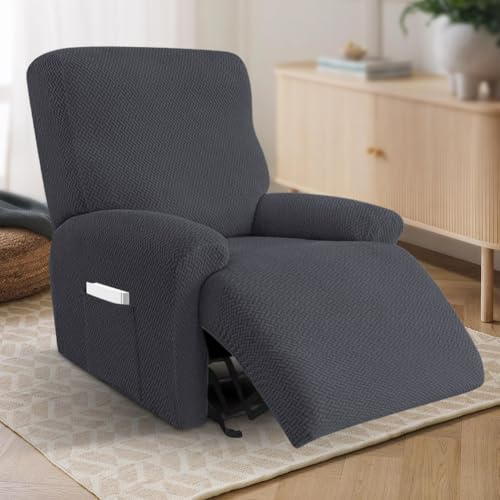 Piashow Sesselschoner mit Armlehne Überzug, 4-Teilig All-Inclusive Sesselschoner für Relaxsessel, Sessel überzug, überwurf Sofa mit Taschen (Dunkelgrau)