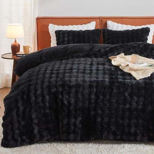 EMME Set de Sábana de Felpa 135x200 cm Negro - Juego de Cama Invierno Imitación Piel de Conejo, Incluye Funda Nórdica con Cremallera + 1 Funda de Almohada 80x80