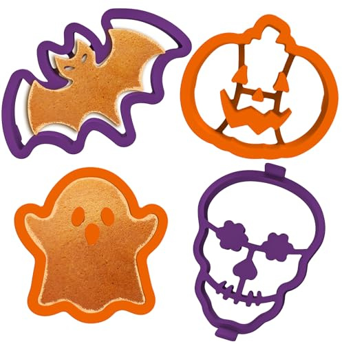Kamehame Halloween Silicone Pancake Molds for Skull, Ghost, Bat and Pumpkin Shape Pancakes, 4 Pack Nonstick Pancake Shaper for kids, Fun Halloween Cake Ring Mold for Griddle Cooking