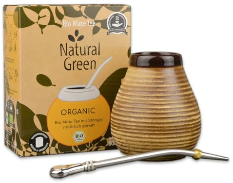 Delicatino - Kit Maté Complet Rustico avec Calebasse en Céramique 350 ml, Bombilla Pampa 19cm et Yerba Maté Bio 500g - Marron Rustique.