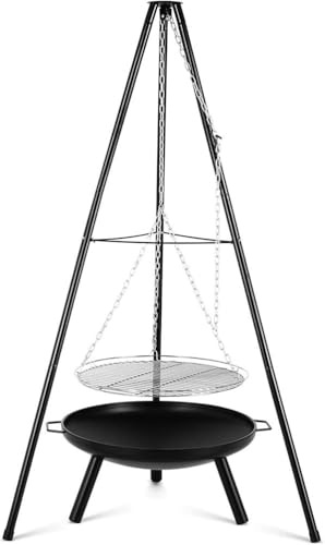 ShEyle BBQ Tripod with Hanging 58CM Dia Chromed Grill,160cm Height Adjustable Folding Camping Portable BBQ Fire Pit,Picnics Garden Beach Party
