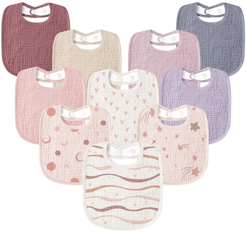 Susurration Muslin Baby Bibs 10Pack Soft Square Adjustable Baby Dribble Bandana Bibs with Adjustable Snaps for Unisex Baby Girls & Boys(Pink Print)