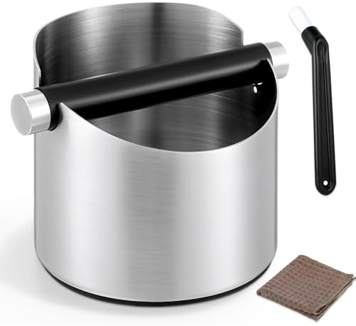 ISHEWUDU Coffee Knock Box with Brush, Stainless Steel Coffee Grounds Bin - Small Espresso Knock Box, Non-Slip Base, Large Capacity Coffee Waste Container, Removable Knock Bar, Coffee Accessories​