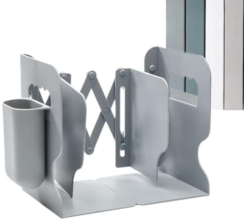 Tope para libros, soporte para libros, estante de almacenamiento ajustable con soporte para bolígrafos, organizador de revistas resistente, reutilizable para suministros escolares, hogar, estudio