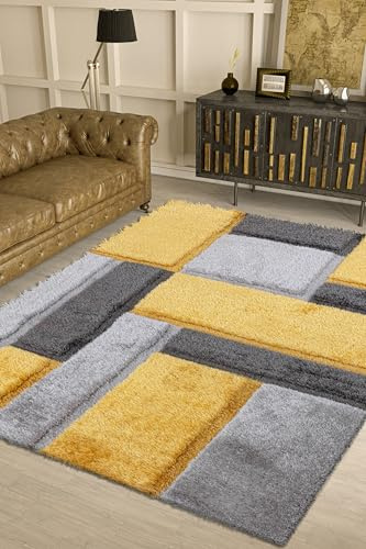 3D Modern Shaggy Area Rug – Geometric Design Pattern – Soft Thick High Pile Carpet for Living Room, Bedroom, Floor Mats Small Door Mats (Ochre, 120 x 170 cm (3.94 x 5.58 ft))