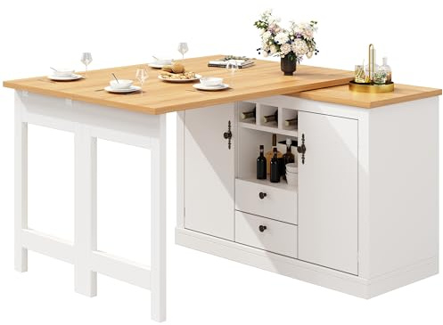 UIXENI Extendable Bar Table with 360° Rotation Function, Length Adjustable 120-180 cm, Modern Kitchen Island Table with Storage Space for Dining Room Home (White)