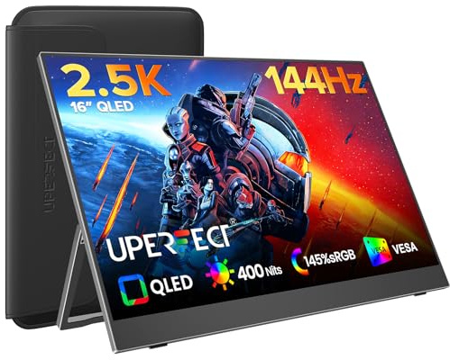 UPERFECT 144Hz 2.5K Portable Monitor, 16 QLED 145% sRGB 400Nits 2560x1600, USB-C Ports, 16:10 Gaming Matte Display w/VESA & Speaker, Compatible with Laptop/PS5/XBOX/Switch/Tablet/PC/Phone