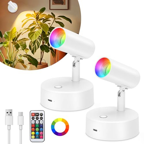 Glowlit 2 Stück Kabellose Spotlight mit Fernbedienung RGB, 5500mah Bilderleuchte Kabellos, Aufladbar Wandstrahler Innen, 13 Farbe Akku Strahler LED, Dimmbar Pflanzenstrahler Batterie Weiß
