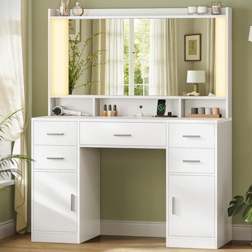 AOGLLATI Schminktisch mit Beleuchtung und Steckdose (USB-C),50x84cm Großspiegel & LED-Spiegel, Kosmetiktisch mit 5 Schubladen & 2 Schränken Beistelltisch für Schlafzimmer
