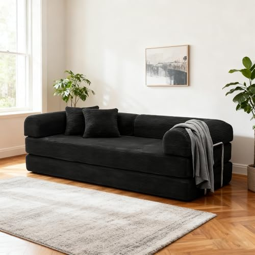 PromCaeruyn Sofá Cama Convertible con Compresión, Sofá Cama Negro Modular Plegable Combinable, Sofá sin Estructura 3 en 1 para Salón Dormitorio Sala de Juegos Residencia Apartamento(150cm)