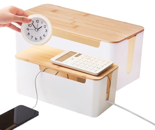 Scatola organizer per cavi, in legno, 2 pezzi, con coperchio in legno, decorazione per la casa per cavi, sistema hub USB, presa multipla di alimentazione del router del computer, cavo da scrivania