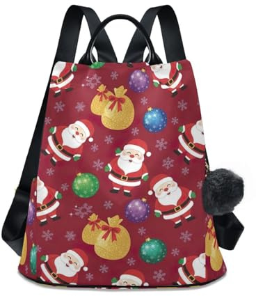 RPLIFE Rucksack mit Weihnachtsmann-Ornamenten, Schneeflocken, Rot, für Damen, Diebstahlschutz, Reißverschluss, Tasche, Reisetasche, mit Pompon