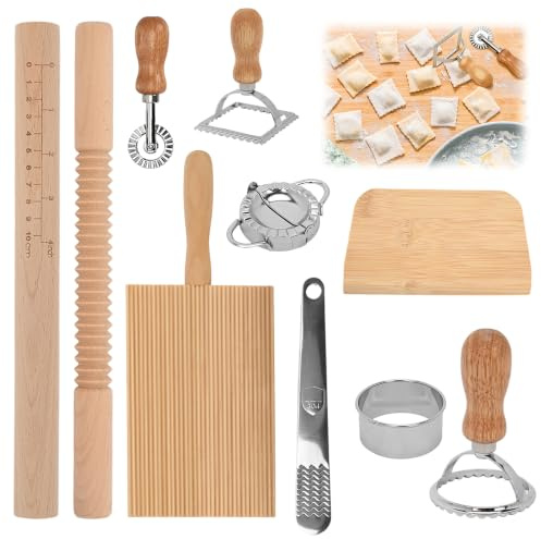 rloao 10 Pcs Pasta Making Tool Set, Pasta Making Tools for Home Baking | Include Gnocchi Board, Dough Scraper, Rolling Pin with Scales, Threaded Rolling Pin, Ravioli Stamp Maker Cutter