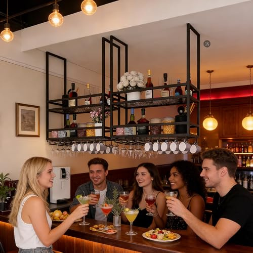 SPTZQURY Portabicchieri da Soffitto,portabottiglie da appendere in metallo, espositore da parete a 2 ripiani per vino, mensola decorativa da soffitto per bar, ristoranti, cucine (Black, 80cm)