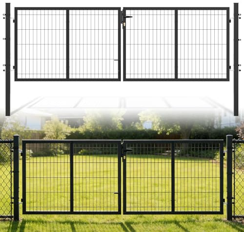 Ansobea trädgårdsgrind antracit, 300 x 100 cm trädgårdsdörr av galvaniserat stål, trädgårdsstaketdörr med lås, handtag och 3 nycklar, dubbelgrind, för trädgårdsgrind hoftor, trädgårdsgrind