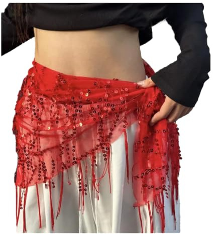 Qiantull Damen Bauchtanz Hüfttuch mit Pailletten Gürtel Hüfte Schal Rock Wrap Hüfttücher Glitzer Pailletten Bauchtanz Kostüm Hüfttuch Zubehör für Frauen und Mädchen Rot