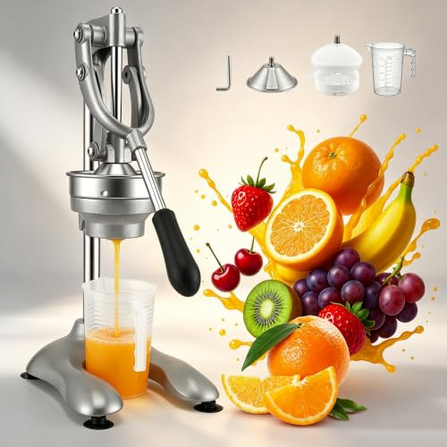 Presse-Agrume Manuelle XL, Presse-Fruits Professionnelle pour Oranges et Agrumes, Presse-Agrume Premium Qualité Gastronomique, Argenté, 25 x 19 x 45 cm avec Verre Doseur 500ml