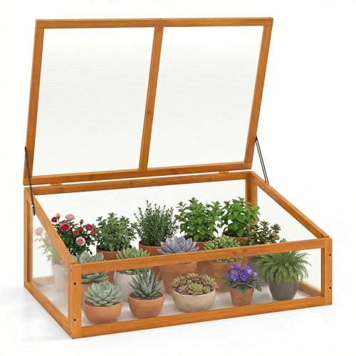 RELAX4LIFE Frühbeet Gewächshaus, 94 x 63 x 40 cm, mini Treibhaus mit Abdeckung & Holzrahmen, Frühbeetkasten Aufsatz, Anzuchtbeet Frühbeetaufsatz Hochbeet für Garten, Terrasse & Balkon (Orange)