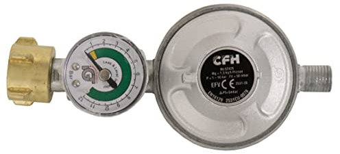 CFH Regulador de presión de gas con indicador de nivel DRF 428 – Reductor de presión 50 mbar con manómetro y protección contra roturas de manguera, entrada G.12 y salida H.4 1/4, según EN 16129