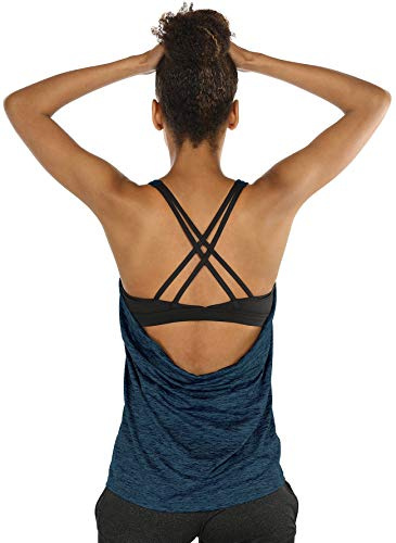 icyzone Dam sport yoga topp med bh – 2 i 1 fitness skjorta cross back gym sport linne topp, kungsblå, L