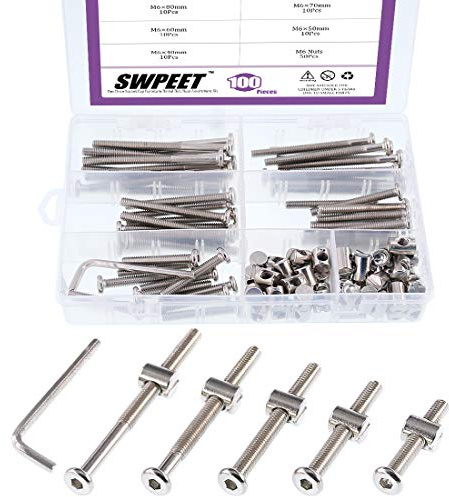 Swpeet 100 Stk Schrauben M6 × 40/50/60/70/80mm mit Muttern mit Inbusschlüssel mit Aufbewahrungsbox,Schraube Muttern,304 Schrauben Innensechskant Maschinenschrauben für DIY Befestigungszubehör