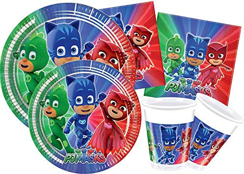 Lote de Cubiertos Infantiles PJ Masks (16 Vasos, 16 Platos y 20 Servilletas) .Vajillas y Complementos. Juguetes para Fiestas de Cumpleaños, Bodas, Bautizos y Comuniones.
