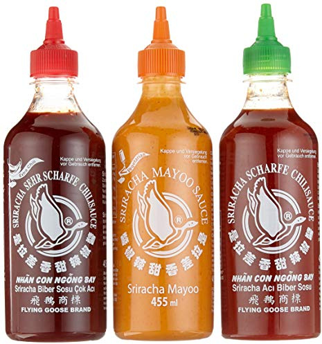 FLYING GOOSE Sriracha scharfe Chilisaucen Mischkarton (in 3 Geschmacksrichtungen, Würzsauce aus Thailand) 12er Pack à 455 ml (5 x scharf , 4 x sehr scharf , 3x Mayoo)