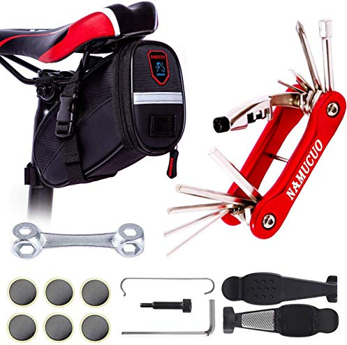 COZYROOMY Kit de Réparation de Outil de Vélo - Outil de Vélo Multifonction 10 en 1 avec Outil de Chaîne, Sac de Selle, Levier de Pneu et Patch pour Tube Auto-adhésif (Outil 10 en 1 Rouge)