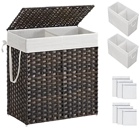 SONGMICS Laundry Hamper with Lid, 110L Clothes Hamper with 2 Removable Liner Bags, 6 Mesh Bags, Wicker Laundry Basket, Double Laundry Hamper for Bathroom, 13 x 22.4 x 23.6 Inches, Brown ULCB052K02