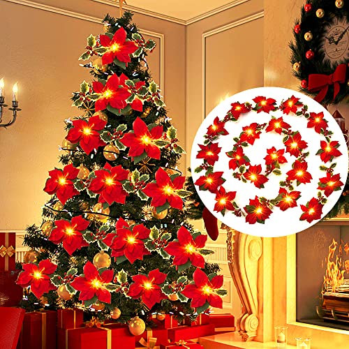 Guirlande Noel Lumineuse Guirlande Fleurs Artificielles, Guirlande Noël Lumineuse Noel Sapin LED a Pile Poinsettias Ornements Noel Decoration, Exterieure Escaliers Cheminée Fenêtre Chambre Rouge 3m