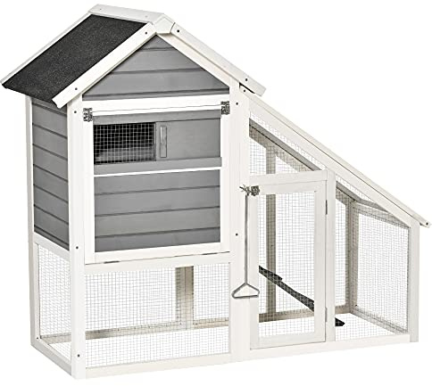 PawHut Kaninchenstall aus Holz mit offenem Bereich und Rampe, Kaninchenkäfig mit herausnehmbarem Boden und Türen, 140x65x120 cm, grau