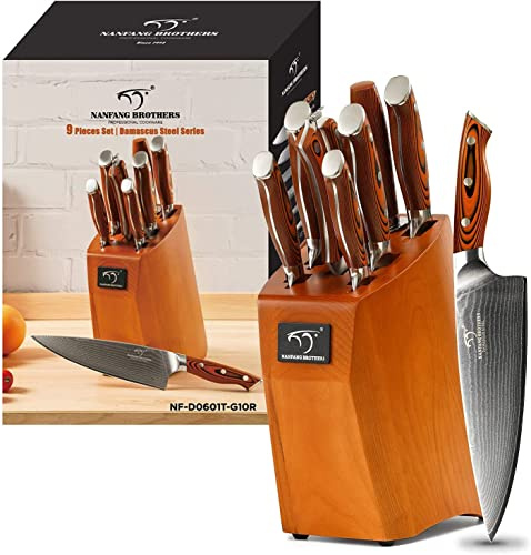 Juego de cuchillos de cocina con mango de madera de Damasco, cocina profesional japonesa afilados de Damasco con bloque de cuchillos de haya, 67 capas de acero de Damasco VG10 (Rojo)