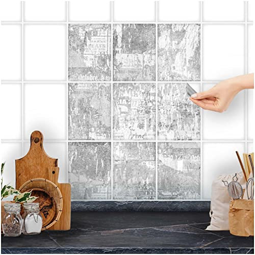 FoLIESEN Fliesenaufkleber für Bad, Küche, Badezimmer - Fliesen-Folie selbstklebend - Deko-Aufkleber - Abstract old News, .:15x20 cm - 9-tlg.