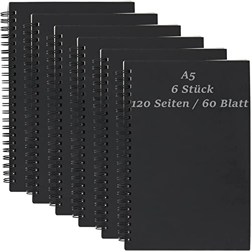 ZEONHEI 6 Stück A5 Skizzenbuch Spiralbindung, A5 Spiral Notizbuch, 120 Seiten/60 Blatt Schwarz Krafteinband Blanko Papier Skizzen Notizbuch für Künstler Aquarell, Landschaftsmalerei