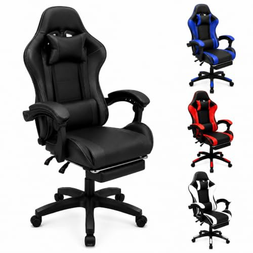SISA BY GL – Sedia Gaming Ergonomica Reclinabile fino a 135°, con Poggiapiedi, Supporto Lombare e Poggiatesta, Rotazione 360°, Pistone a Gas, Pelle Sintetica Nera – Sedia Gaming Nera