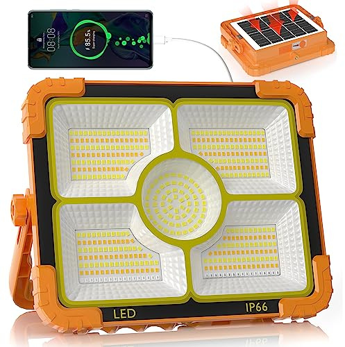 RISEMART Rechargeable Work Light, 466 LED Outdoor Camping Lights 100W Portable Floodlight with Solar Panel, 5 Modes IP66 Waterproof, for Fishing, Hiking, Repairing
