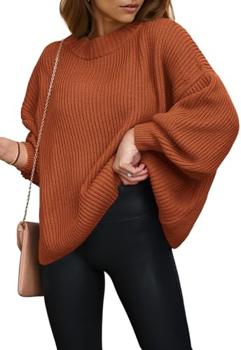 PRETTYGARDEN Women's 2026 Crewneck Batwing Sleeve Loose Oversized Chunky Knitted Pullover Sweater Tops Spring Ladies Sweaters (Orange,Medium)