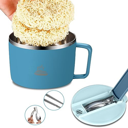 Bol à Ramen avec Couvercle: HOMURY 1300 ml Bol de Ramen avec Cuillère Pliante et Des Baguettes, Bol De Nouilles Inoxydable, Bol Soupe Double Isolation pour Bureau, Université, Udon Soba se Utiliza