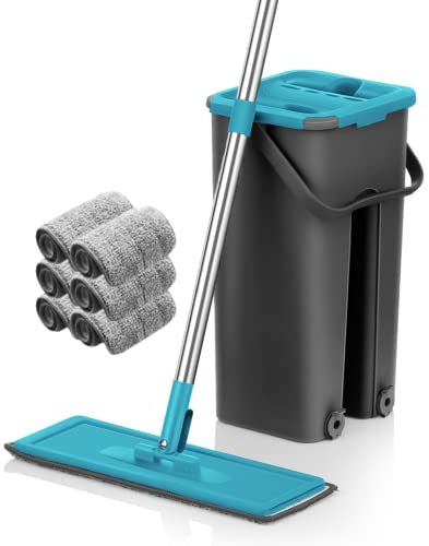 Mopa Cubo Escurridor Fregona Plana Drenaje Compartimento Doble Escurre Fácil 6 Almohadillas para Limpieza Suelos Azulejos Tarima Madera Mango Ergonómico Atrapa Polvo Ventanas Mop Bucket Set Trapeador